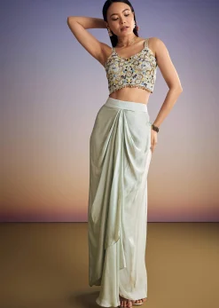 Mint Blue Organza Cape Set With Sequins And Thread Work
