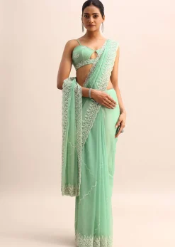 Mint Blue Organza Saree With Cutdana Embroidery And Scallop Border With Unstitched Blouse