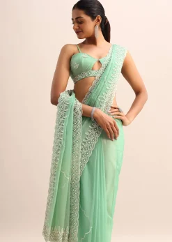 Mint Blue Organza Saree With Cutdana Embroidery And Scallop Border With Unstitched Blouse