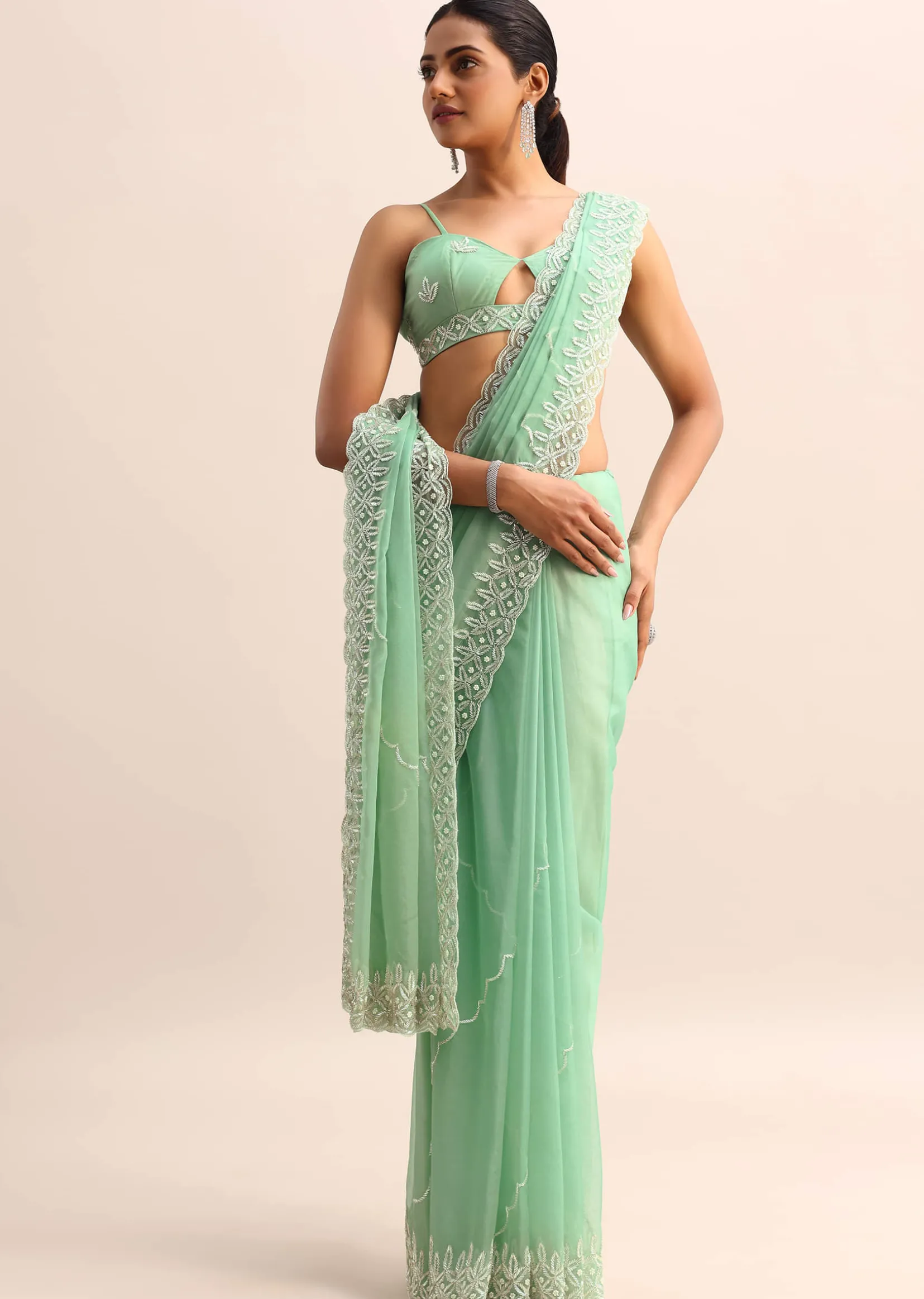Mint Blue Organza Saree With Cutdana Embroidery And Scallop Border With Unstitched Blouse
