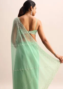 Mint Blue Organza Saree With Cutdana Embroidery And Scallop Border With Unstitched Blouse