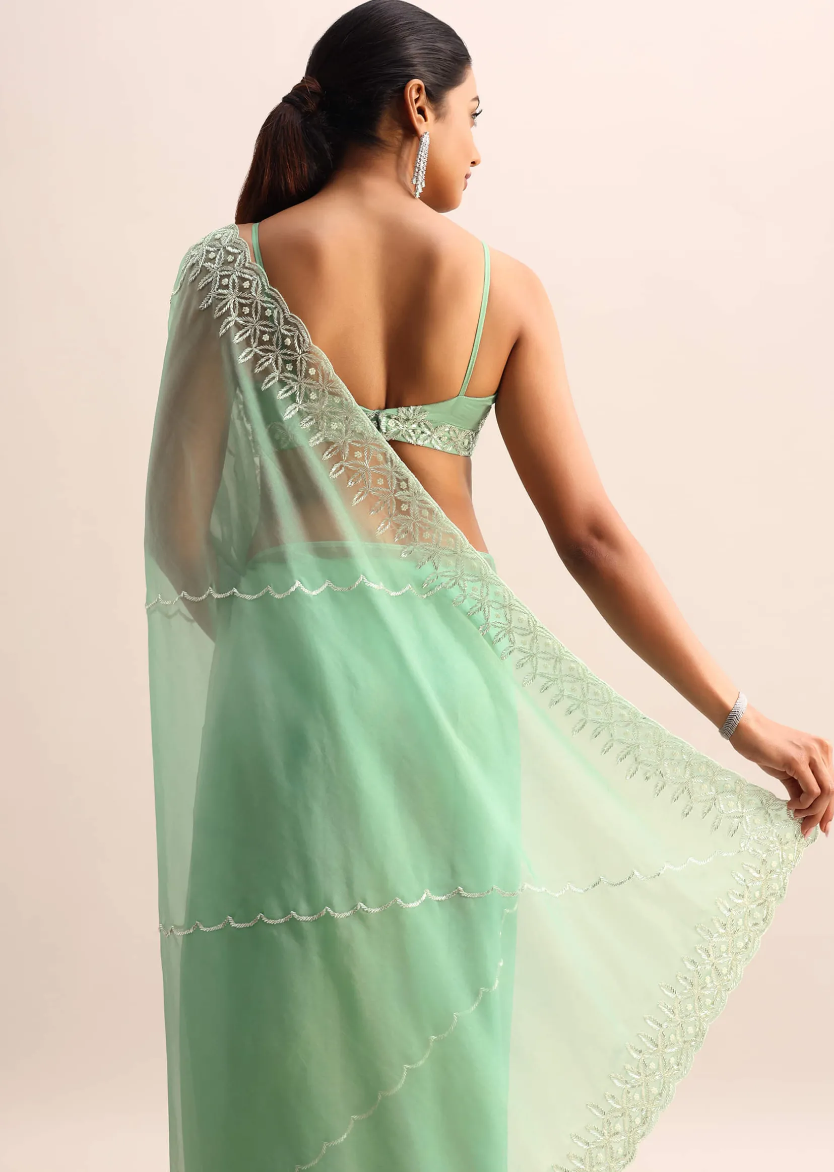 Mint Blue Organza Saree With Cutdana Embroidery And Scallop Border With Unstitched Blouse