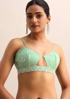 Mint Blue Organza Saree With Cutdana Embroidery And Scallop Border With Unstitched Blouse