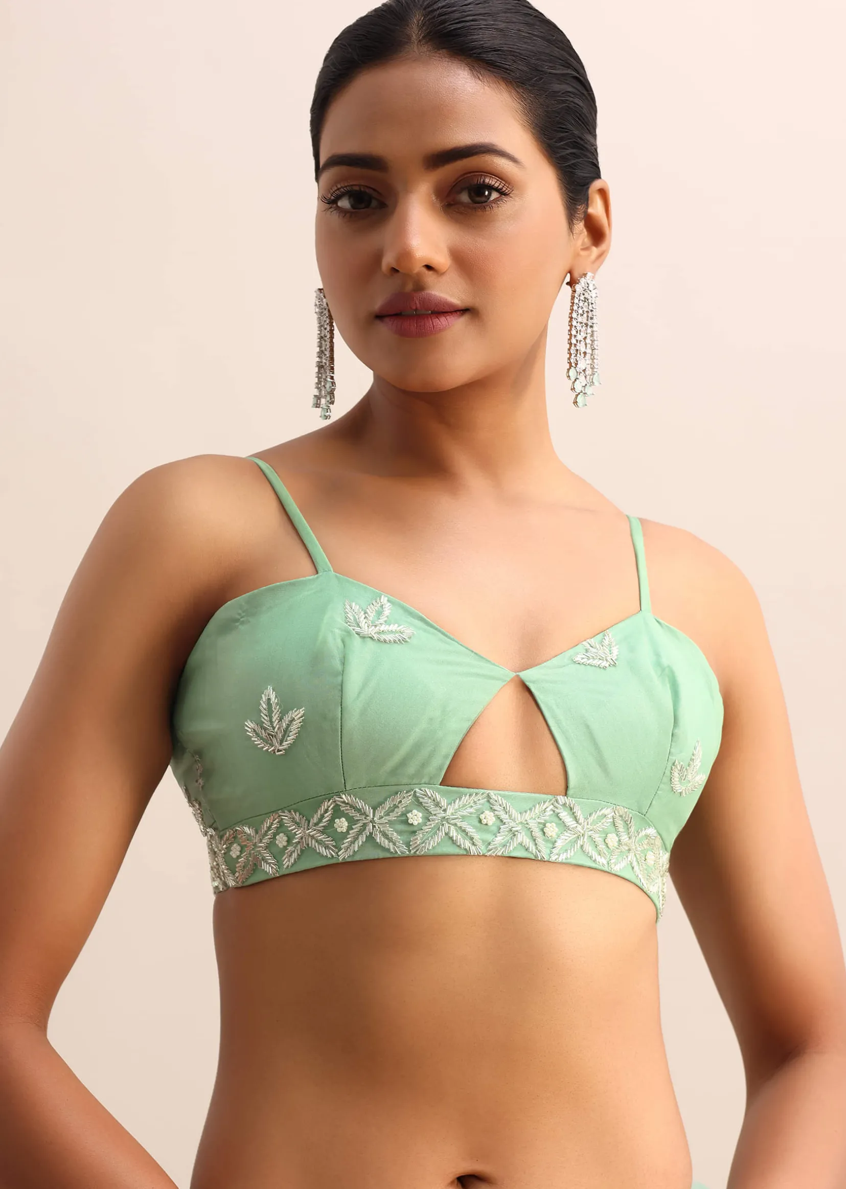 Mint Blue Organza Saree With Cutdana Embroidery And Scallop Border With Unstitched Blouse