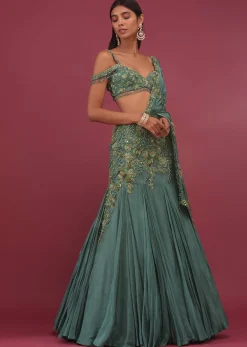 Mint Blue Pure Crepe Pleated Lehenga Set With Attached Dupatta - NOOR 2022