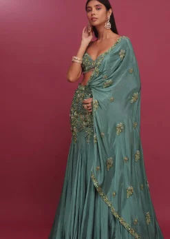 Mint Blue Pure Crepe Pleated Lehenga Set With Attached Dupatta - NOOR 2022