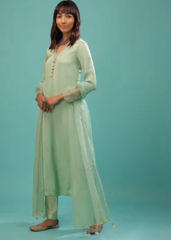 Mint Green Bemberg Satin A Line Suit With Moti Tassels And Organza Dupatta