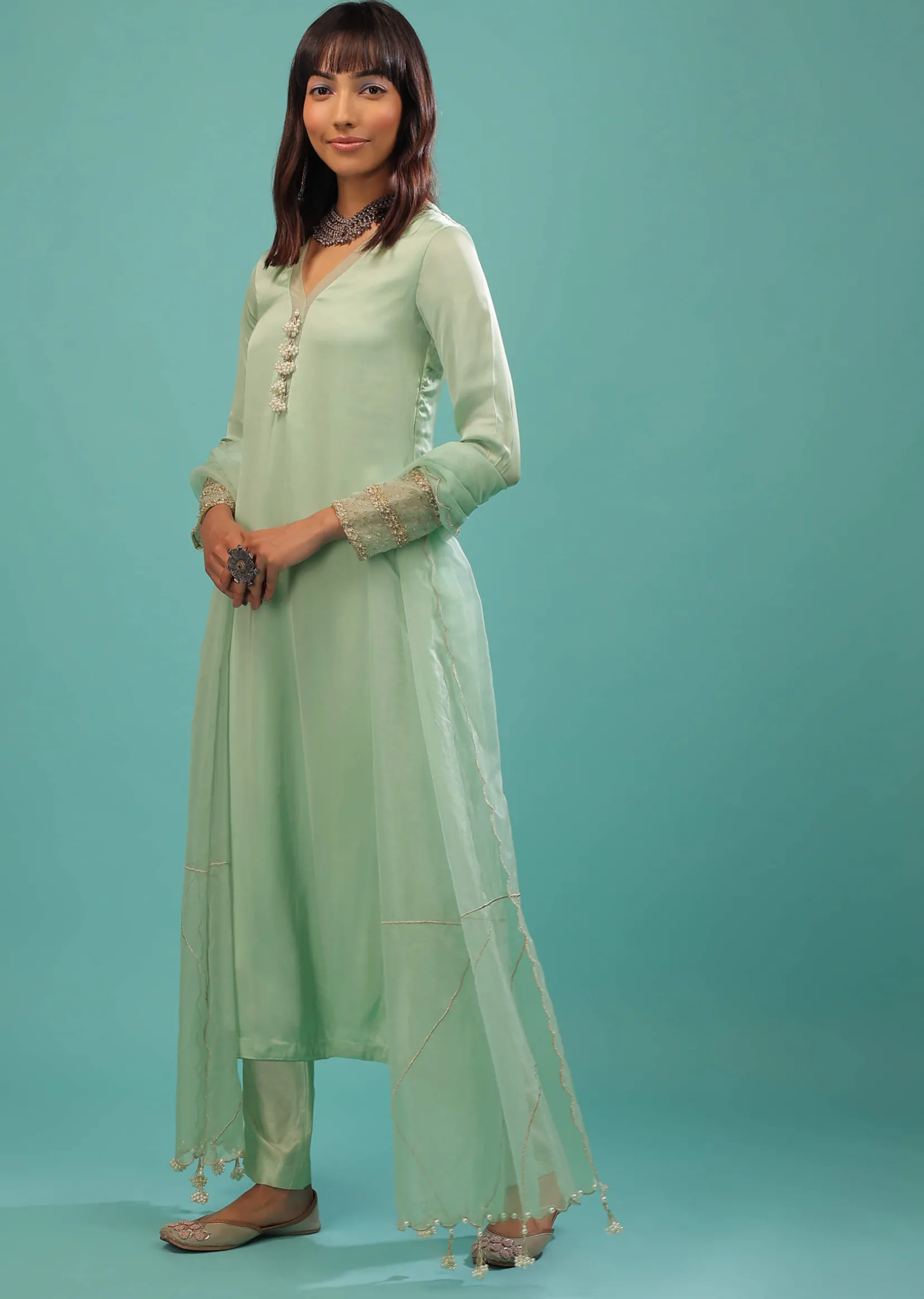 Mint Green Bemberg Satin A Line Suit With Moti Tassels And Organza Dupatta
