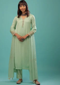 Mint Green Bemberg Satin A Line Suit With Moti Tassels And Organza Dupatta