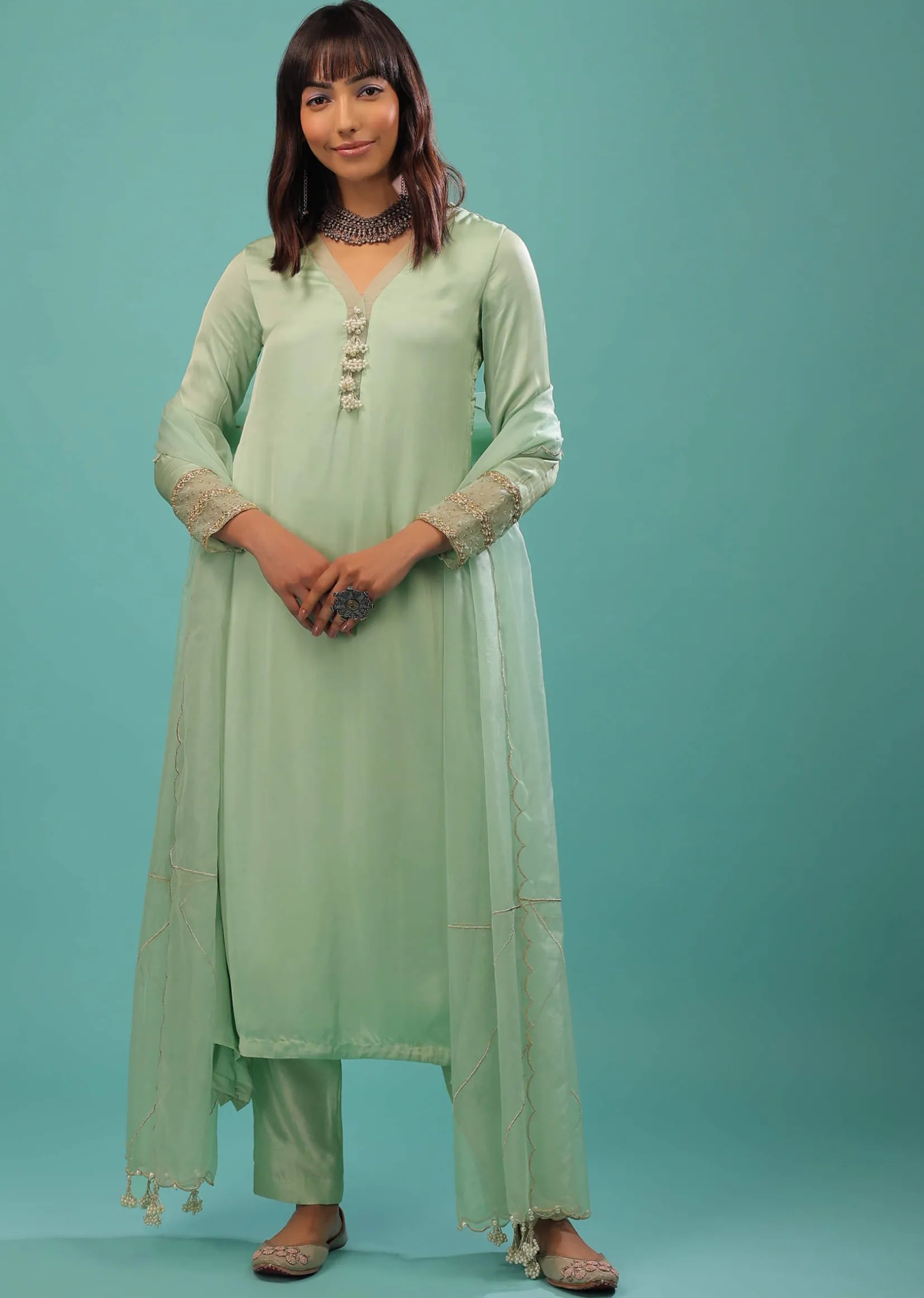 Mint Green Bemberg Satin A Line Suit With Moti Tassels And Organza Dupatta