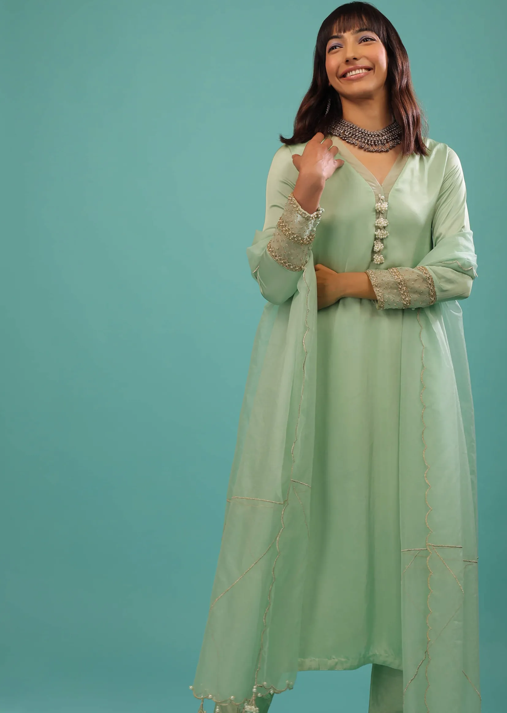 Mint Green Bemberg Satin A Line Suit With Moti Tassels And Organza Dupatta
