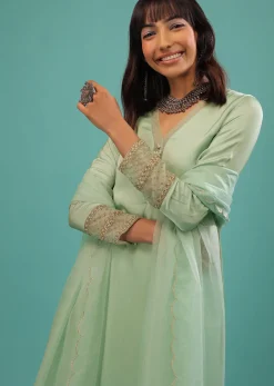 Mint Green Bemberg Satin A Line Suit With Moti Tassels And Organza Dupatta
