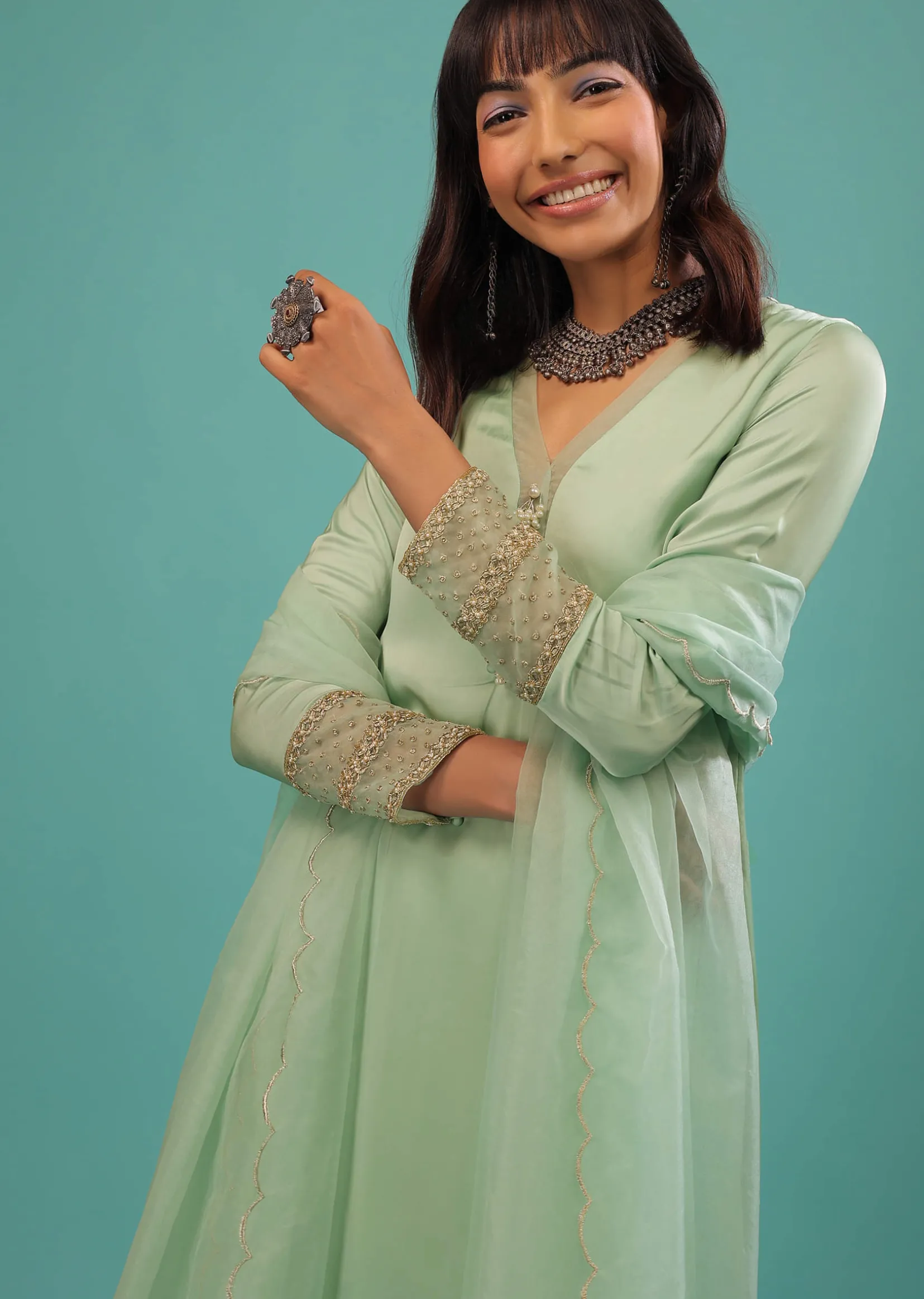 Mint Green Bemberg Satin A Line Suit With Moti Tassels And Organza Dupatta