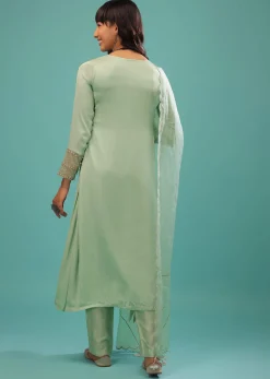 Mint Green Bemberg Satin A Line Suit With Moti Tassels And Organza Dupatta