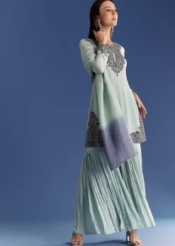 Mint Green Chinon Kurta Set With Beads And Ombre Dupatta