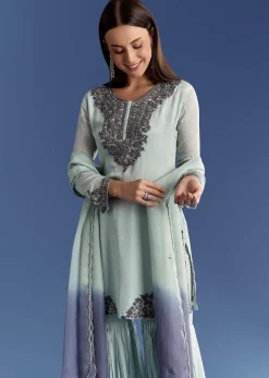 Mint Green Chinon Kurta Set With Beads And Ombre Dupatta
