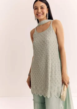 Mint Green Chinon Kurta Set With Cutdana Moti And Choker Dupatta