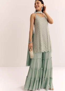 Mint Green Chinon Kurta Set With Cutdana Moti And Choker Dupatta