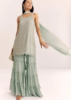 Mint Green Chinon Kurta Set With Cutdana Moti And Choker Dupatta