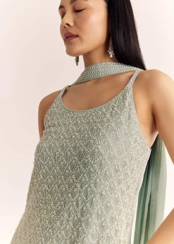 Mint Green Chinon Kurta Set With Cutdana Moti And Choker Dupatta