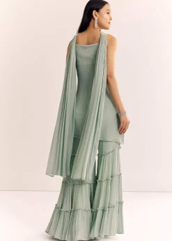 Mint Green Chinon Kurta Set With Cutdana Moti And Choker Dupatta