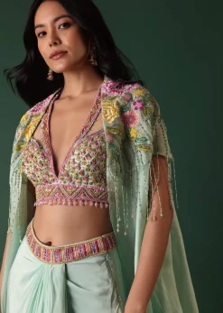 Mint Green Crepe Drape Skirt And Blouse Set With Cape