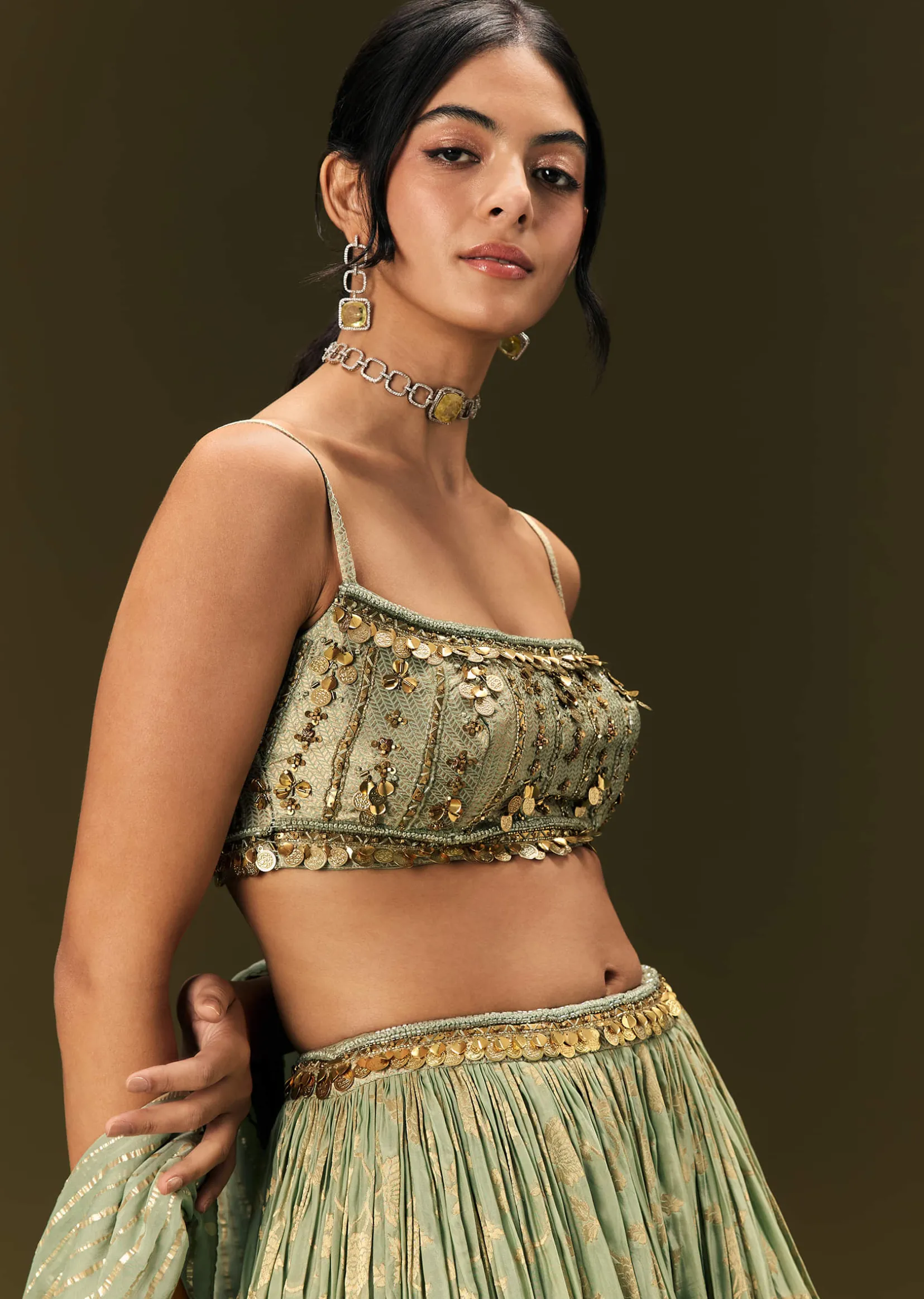 Mint Green Crepe Lehenga Choli Set With Coin Work