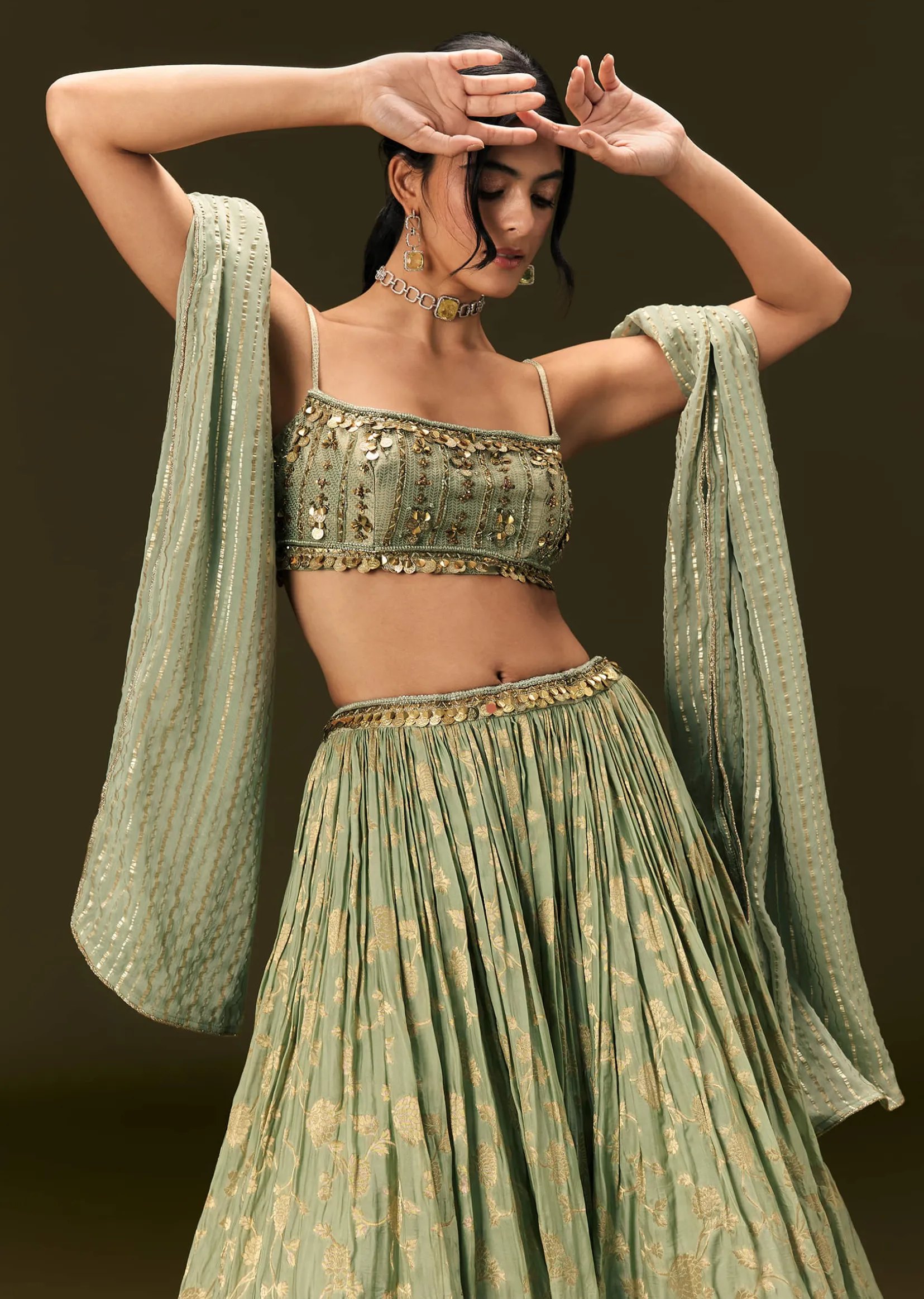 Mint Green Crepe Lehenga Choli Set With Coin Work