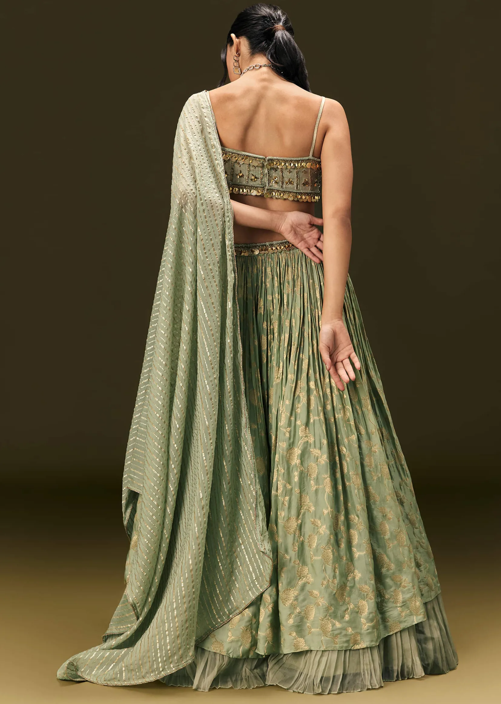 Mint Green Crepe Lehenga Choli Set With Coin Work