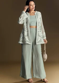Mint Green Crop Top Set With Embroidered Organza Jacket