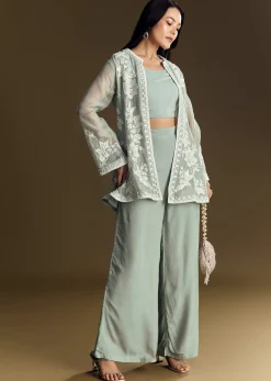 Mint Green Crop Top Set With Embroidered Organza Jacket