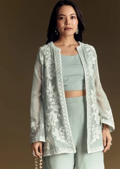 Mint Green Crop Top Set With Embroidered Organza Jacket