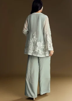 Mint Green Crop Top Set With Embroidered Organza Jacket