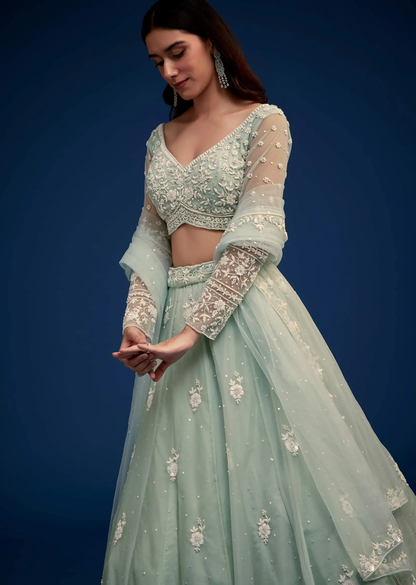 Mint Green Embroidered Lehenga Set