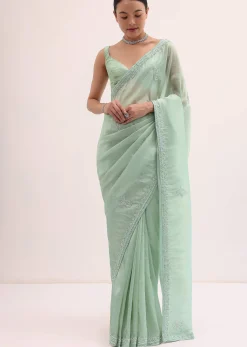Mint Green Embroidered Satin Saree With Unstitched Blouse