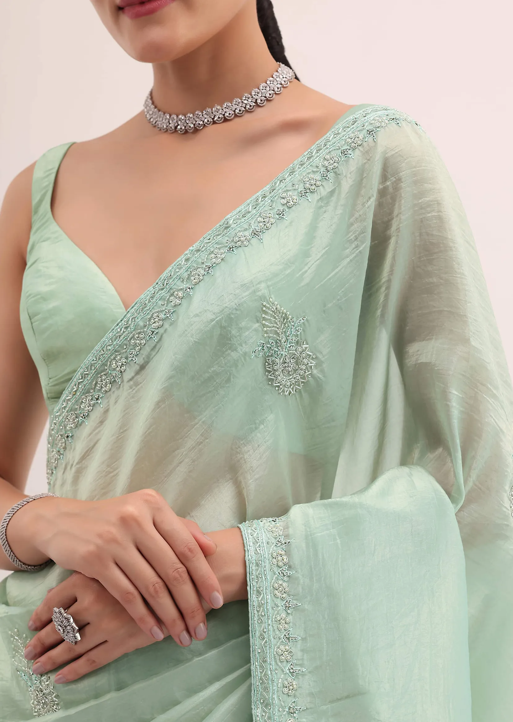 Mint Green Embroidered Satin Saree With Unstitched Blouse