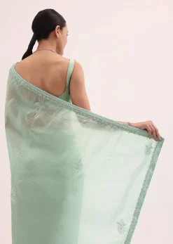Mint Green Embroidered Satin Saree With Unstitched Blouse