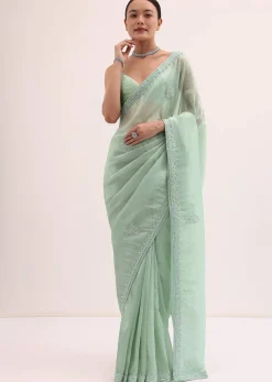 Mint Green Embroidered Satin Saree With Unstitched Blouse