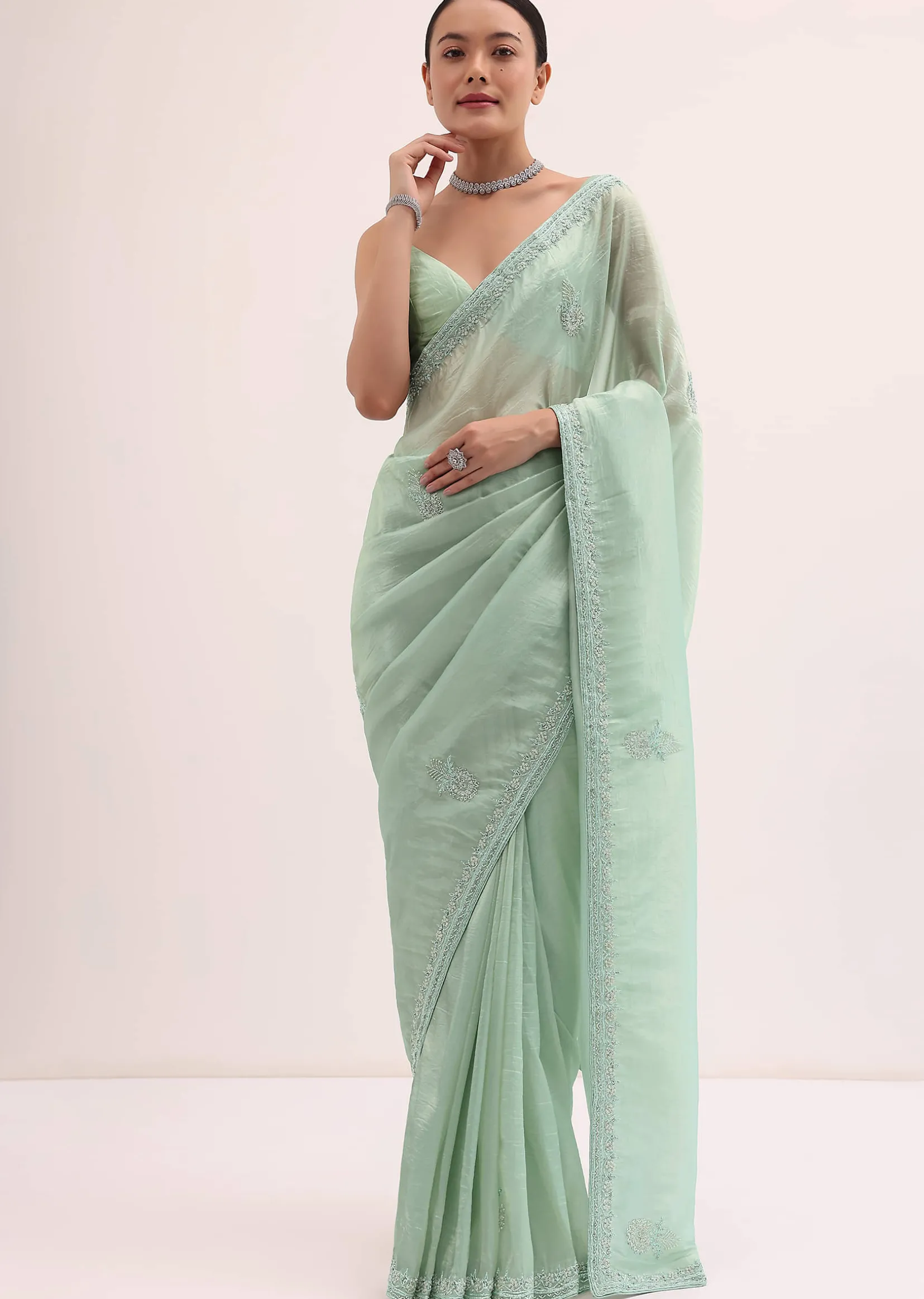 Mint Green Embroidered Satin Saree With Unstitched Blouse