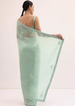 Mint Green Embroidered Satin Saree With Unstitched Blouse