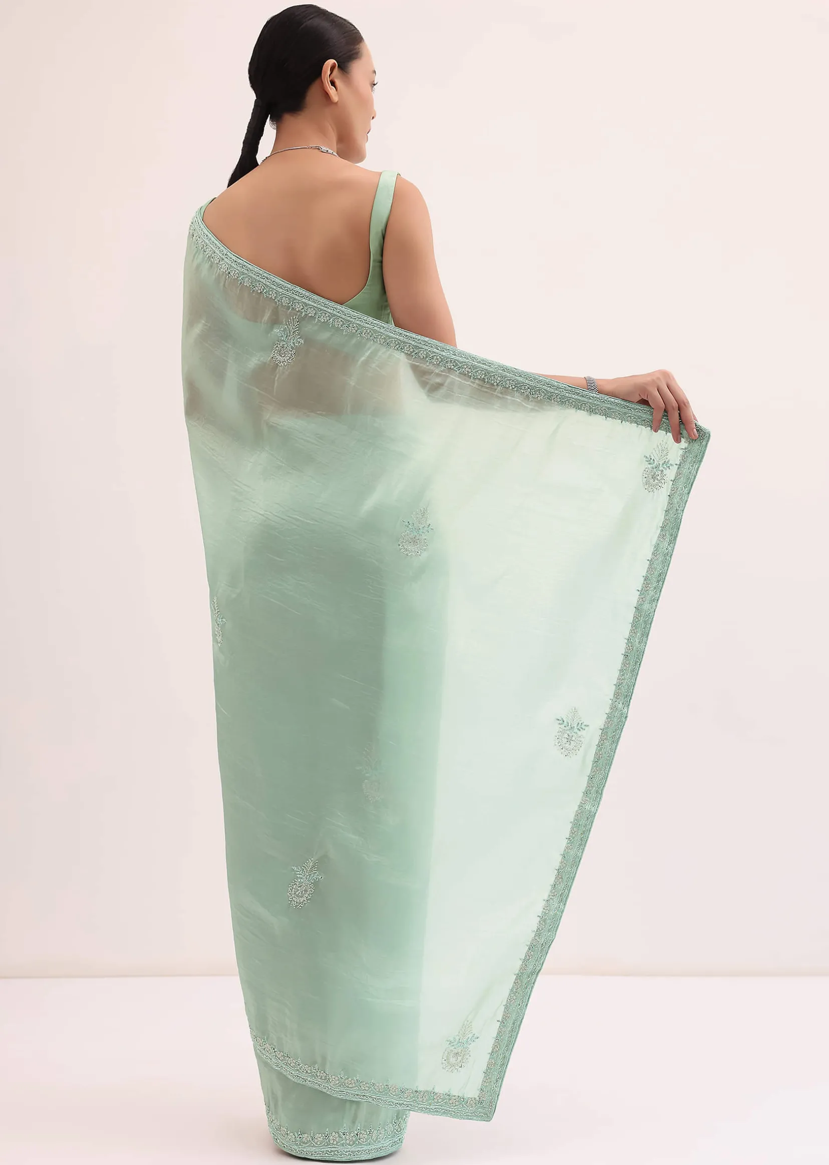 Mint Green Embroidered Satin Saree With Unstitched Blouse