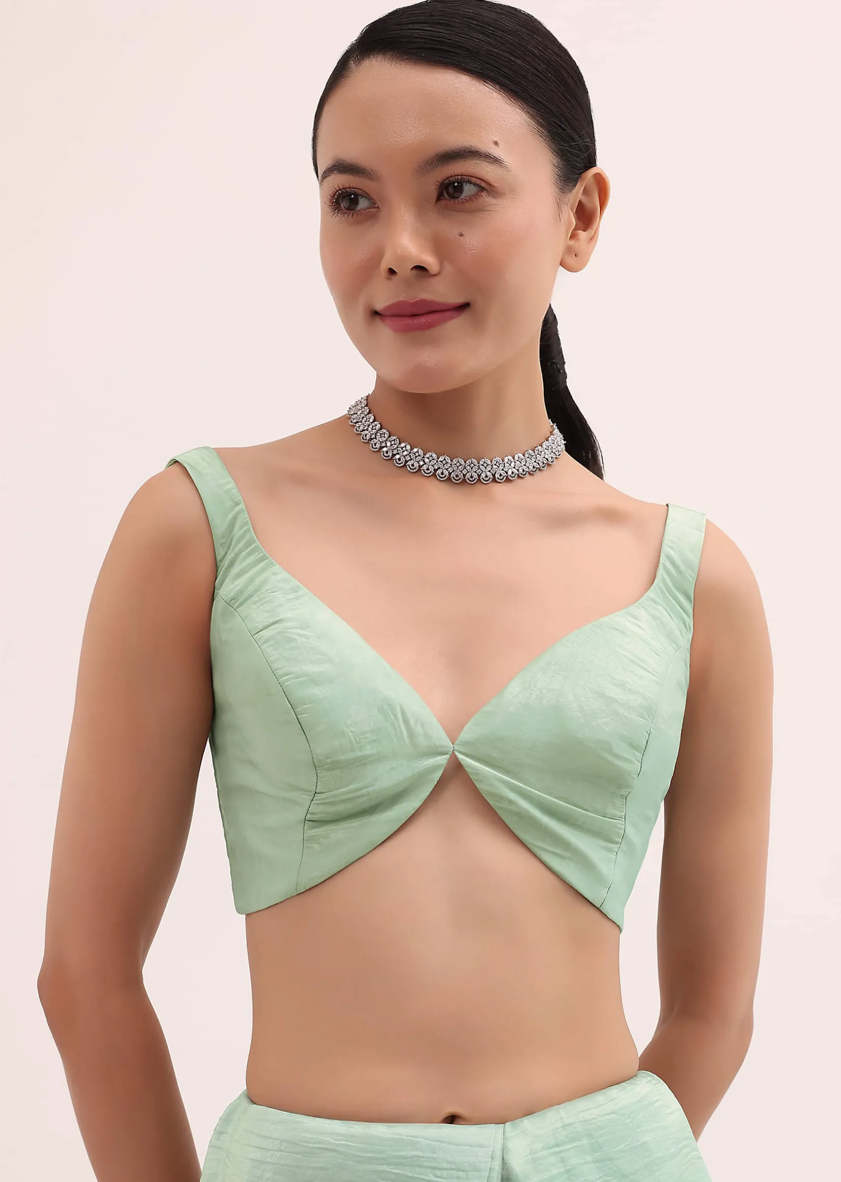 Mint Green Embroidered Satin Saree With Unstitched Blouse