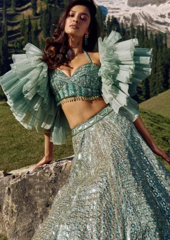Mint Green Foil Embroidered Bridal Lehenga Set With Frilled Sleeve Blouse