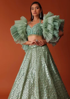 Mint Green Foil Embroidered Bridal Lehenga Set With Frilled Sleeve Blouse
