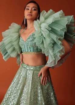 Mint Green Foil Embroidered Bridal Lehenga Set With Frilled Sleeve Blouse