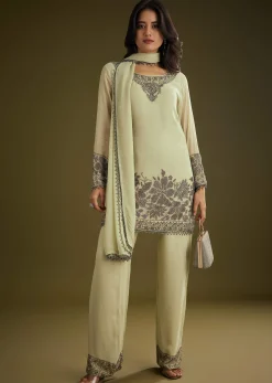Mint Green Georgette Beads Kurta Set With Tassels Bordered Dupatta