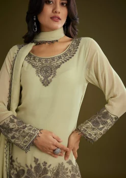 Mint Green Georgette Beads Kurta Set With Tassels Bordered Dupatta