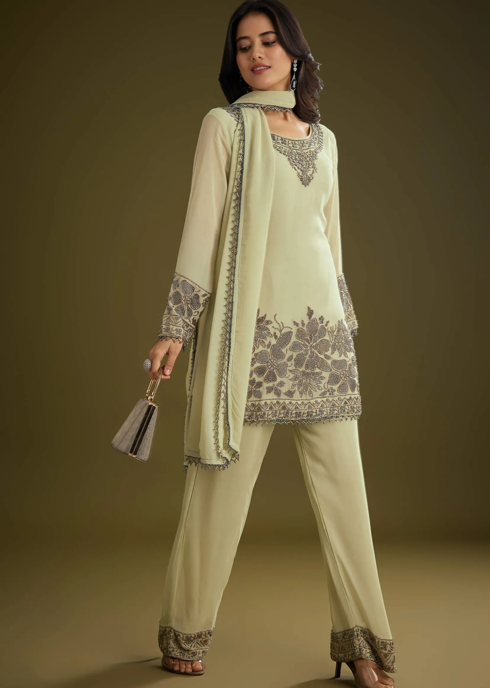 Mint Green Georgette Beads Kurta Set With Tassels Bordered Dupatta