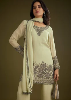 Mint Green Georgette Beads Kurta Set With Tassels Bordered Dupatta