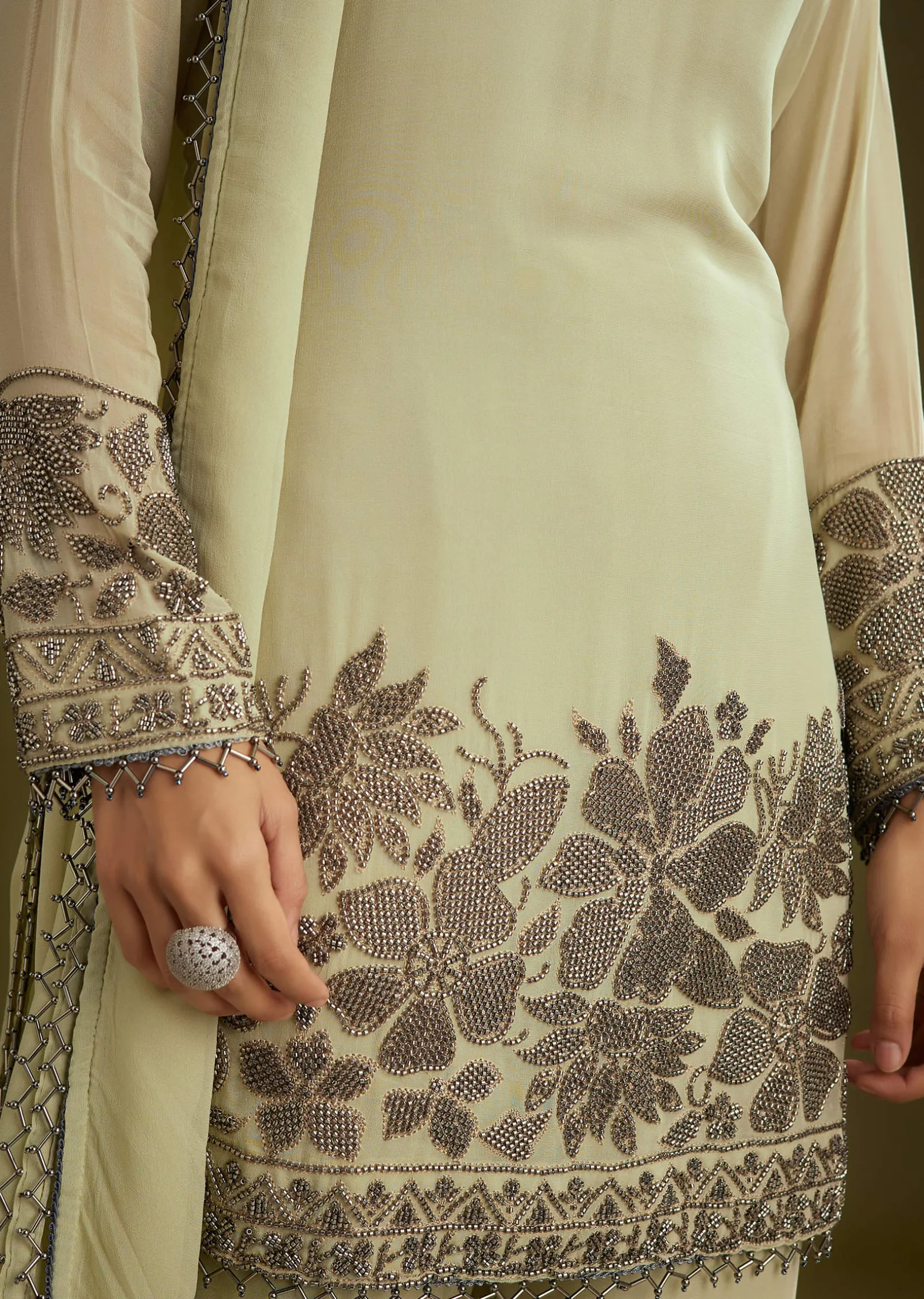 Mint Green Georgette Beads Kurta Set With Tassels Bordered Dupatta